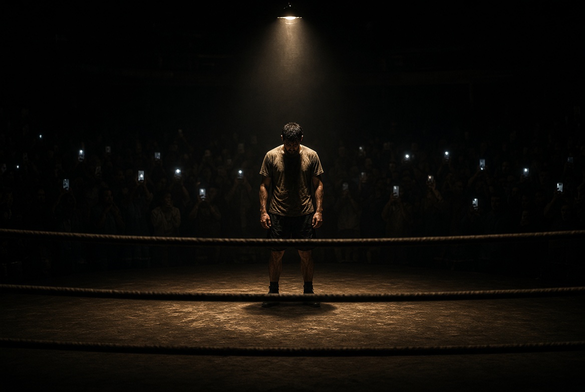 A solitary man stands in a dim boxing ring under a single light, head bowed and clothes marked with dust, while a darkened crowd in the stands watches and records him on their phones.
